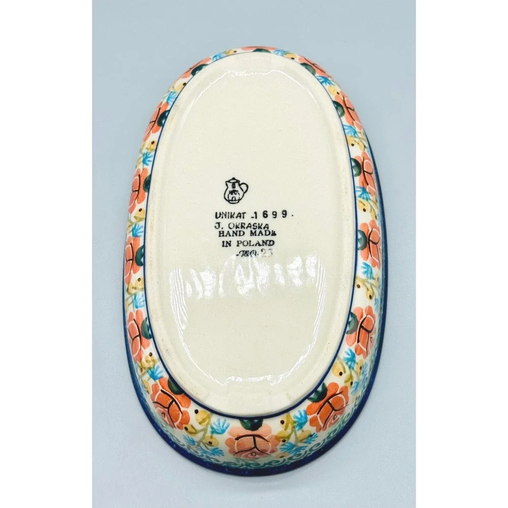 Polish Pottery Unikat Oval Baker Dish Floral 7.5 inch J Okraska 1699